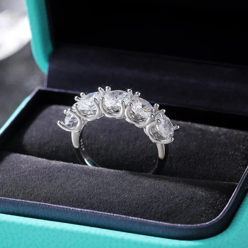 🔥Lovely 5 Stone Round Dainty CZ Gems Silver Trendy Eternity Rings, K836